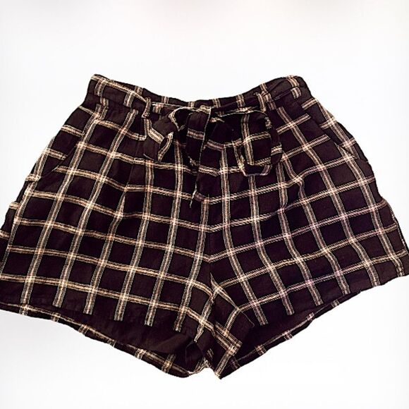 NWT American Eagle plaid paperbag tie waist linen cotton shorts - Picture 2 of 12